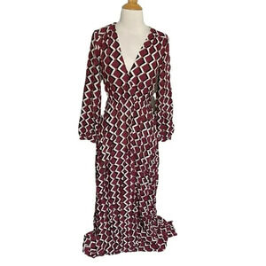 Aakaa Geometric Maxi Dress S Burgundy V-Neck Long Sleeve Elastic Waist Boho‎
